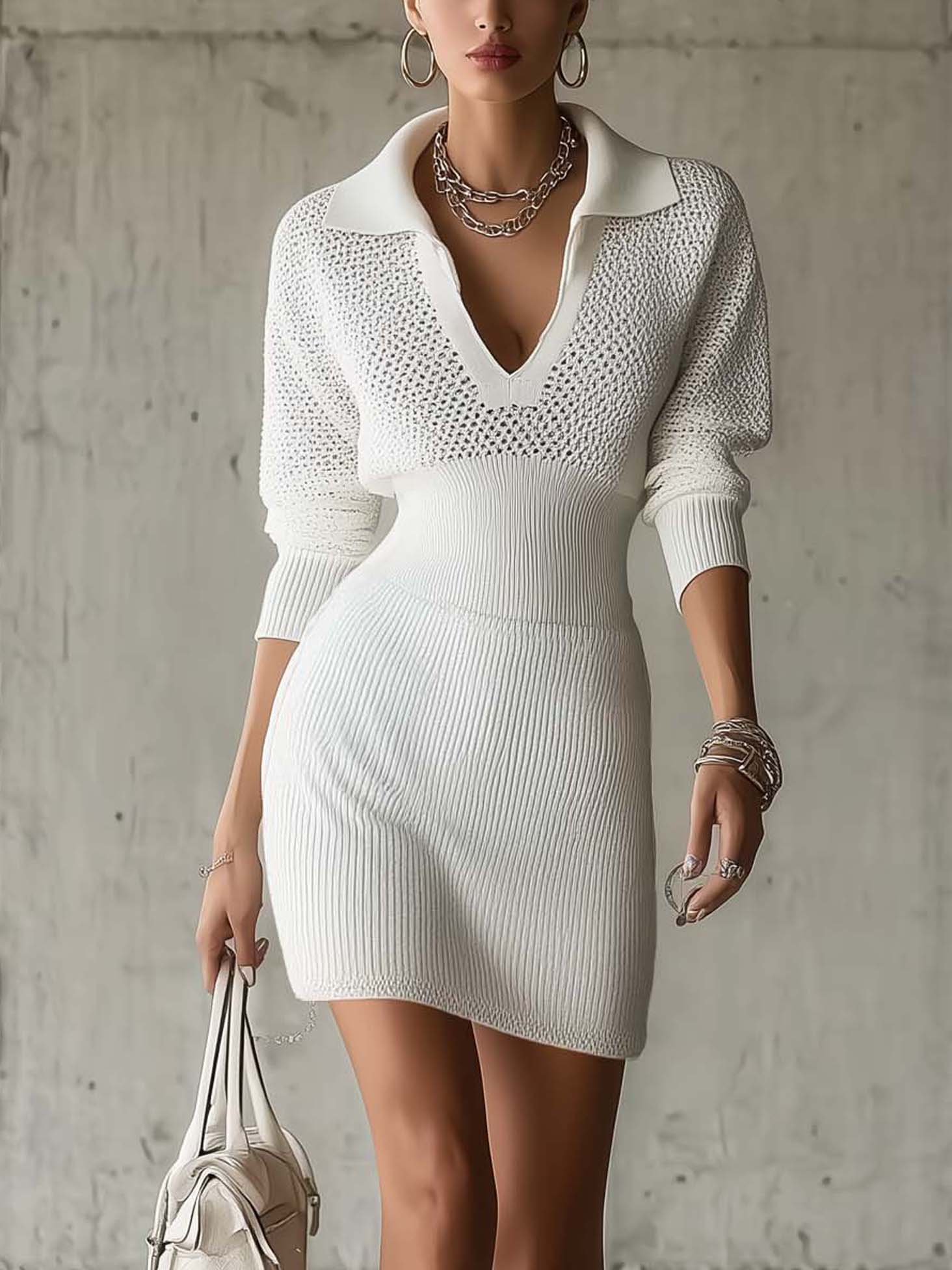 White Knit Collared Bodycon Mini Dress