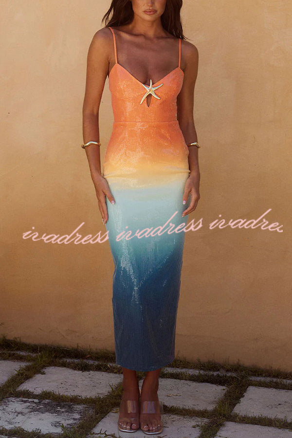 Sirene Sequin Unique Gradient Print Starfish Brooch Cutrout Slit Stretch Maxi Dress