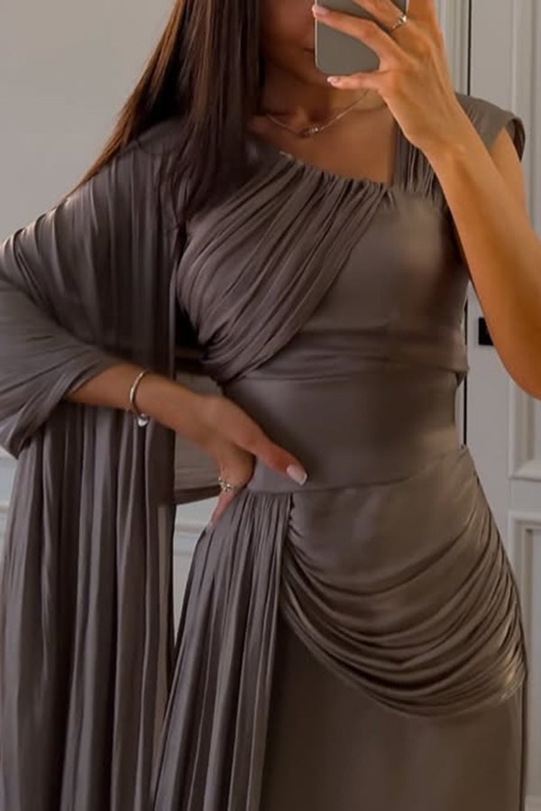 Solid Color Satin Sleeveless Waist Elegant Pleated Ribbon Maxi Dress