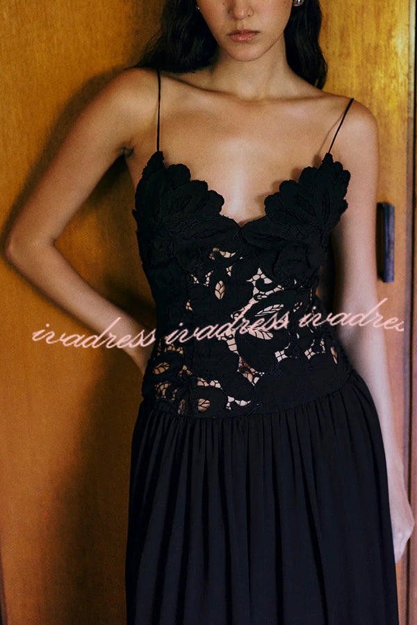 Stephanie Flower Crochet Lace Bust Chiffon Fluffy Hem Maxi Dress