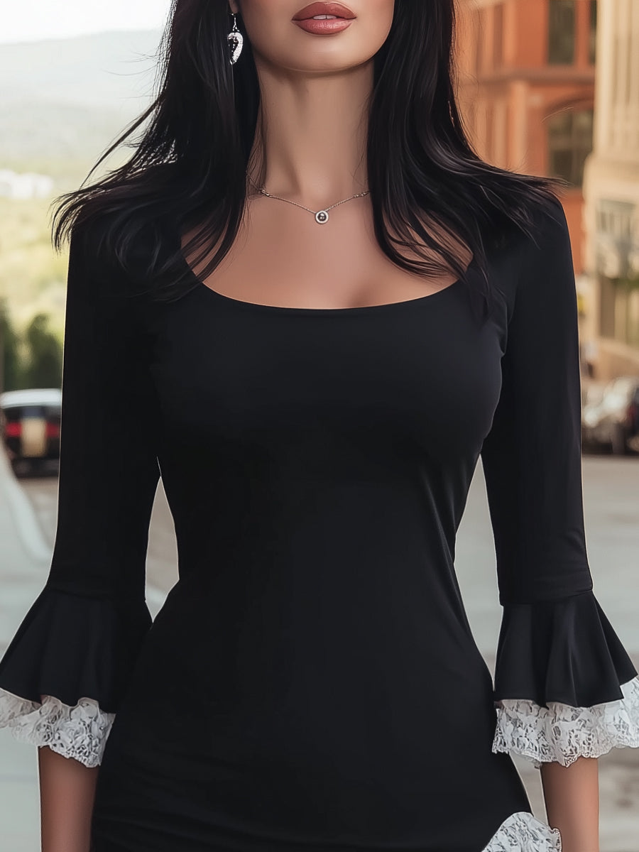 Square Neck Flared Sleeves Lace-Trimmed Mini Dress