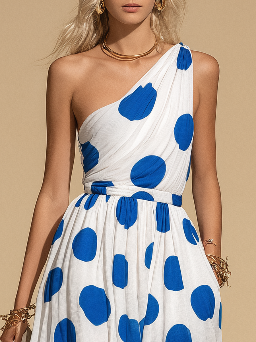 Elegant Vintage Polka Dot Print One-shoulder Sleeveless Chiffon Dress