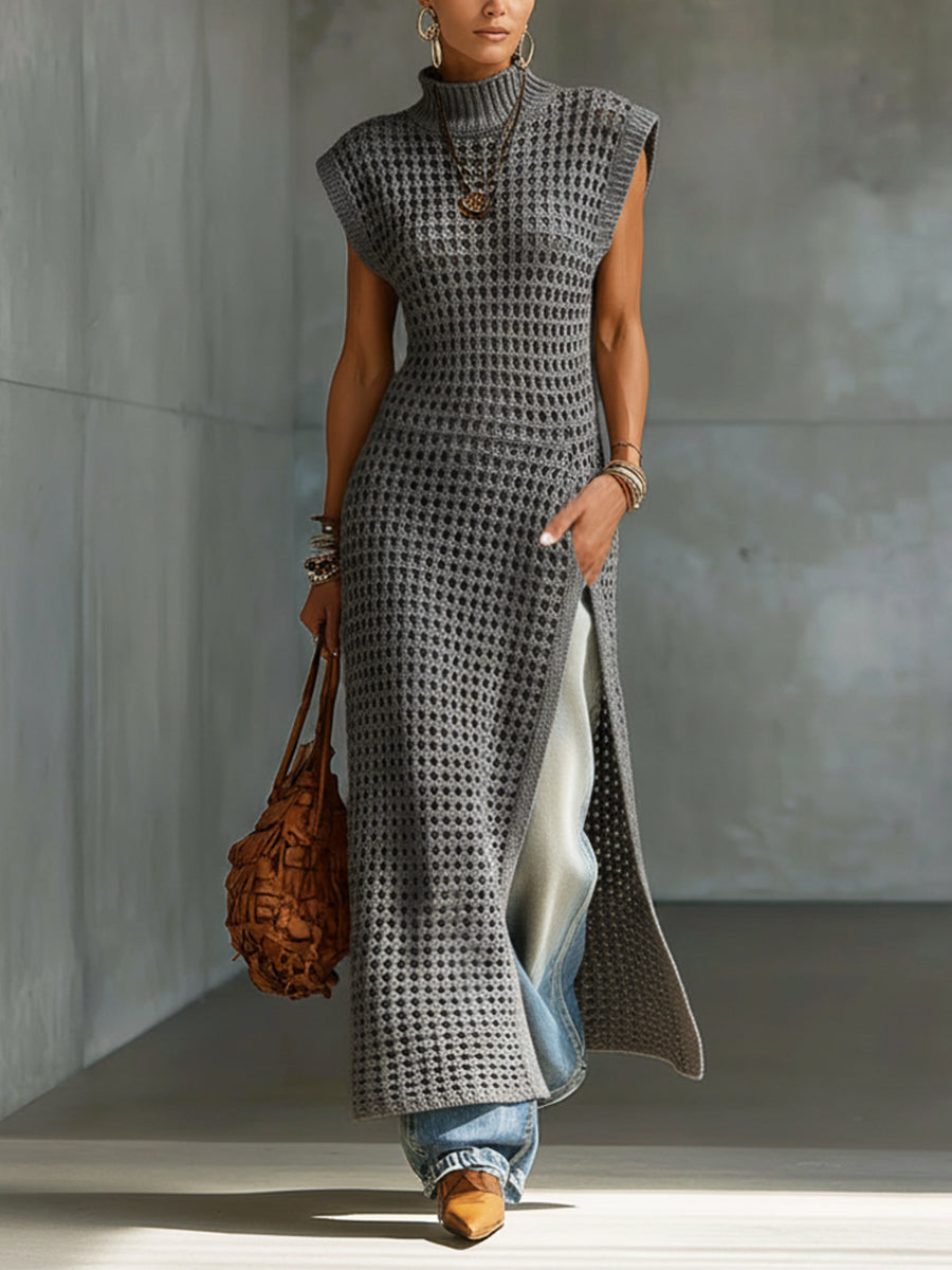 Gray Sleeveless High Neck Openwork Knit Slit Maxi Dress