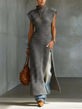 Gray Sleeveless High Neck Openwork Knit Slit Maxi Dress
