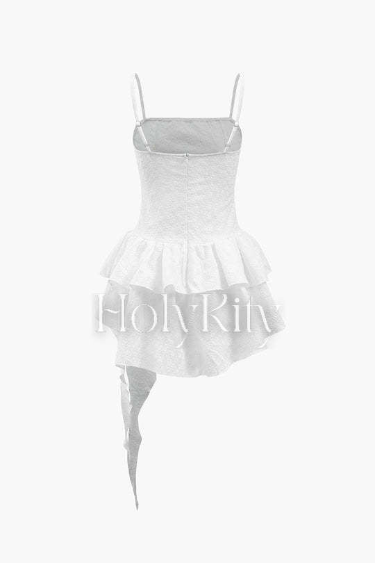 Embroidered Eyelet Asymmetric Ruffle Mini Dress
