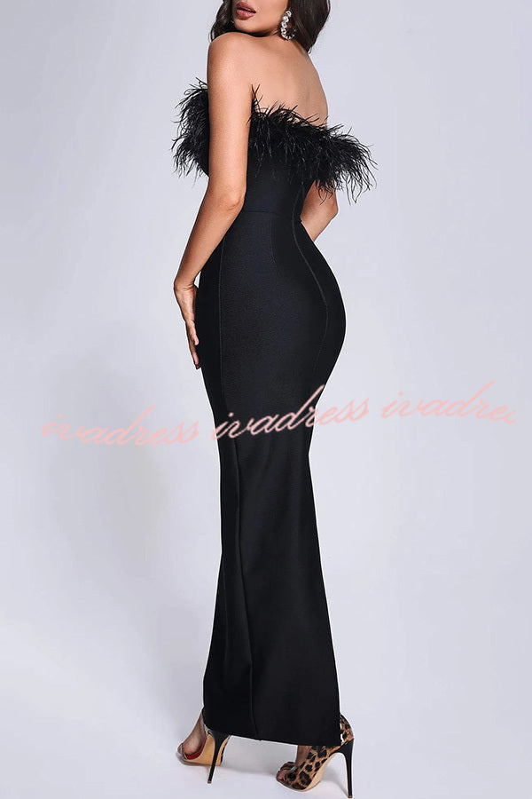 Sivir Feather Off Shoulder High Waisted Slit Maxi Dress