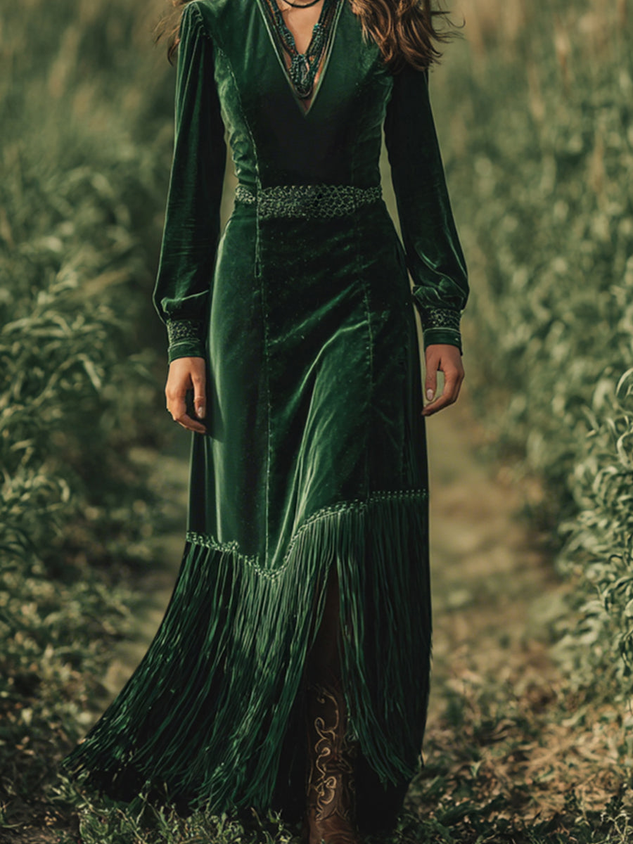 sheenchic Boho V Neck Long Sleeve Fringe Hem Velvet Maxi Dress