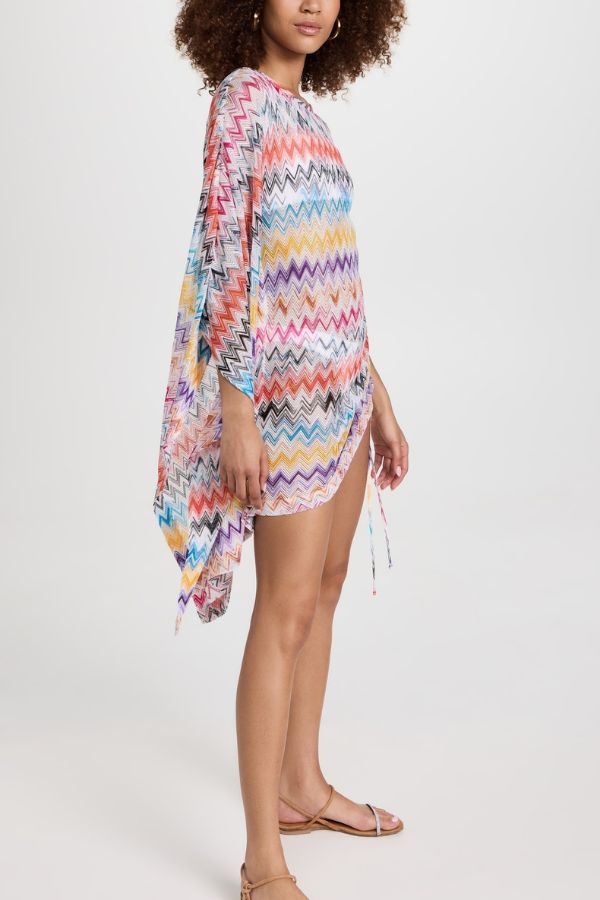 Arloe Knit Colorful Zigzag Pattern Asymmetric Flare Sleeve Ruched Tie-up Mini Dress