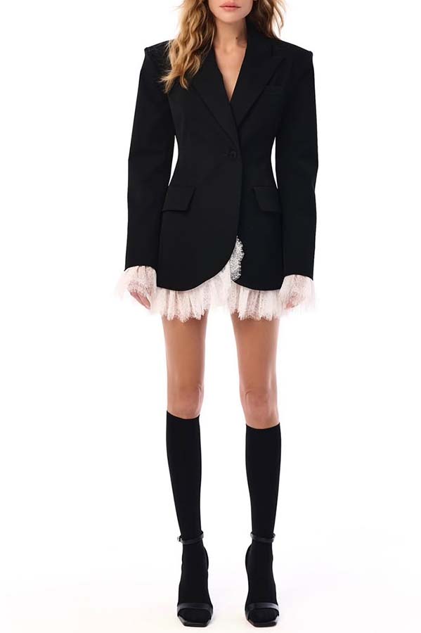 Cue The Chic Lace Trim Button Long Sleeve Lapel Blazer Mini Dress