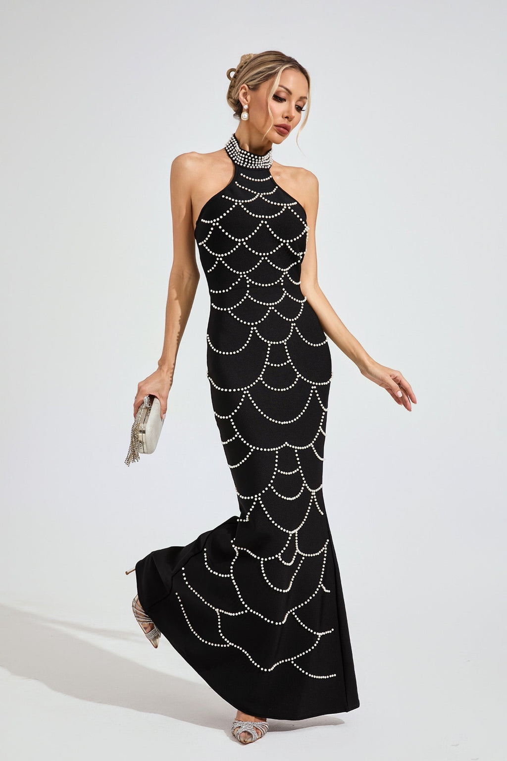 Iris Black Pearl Halter Bandage Maxi Dress
