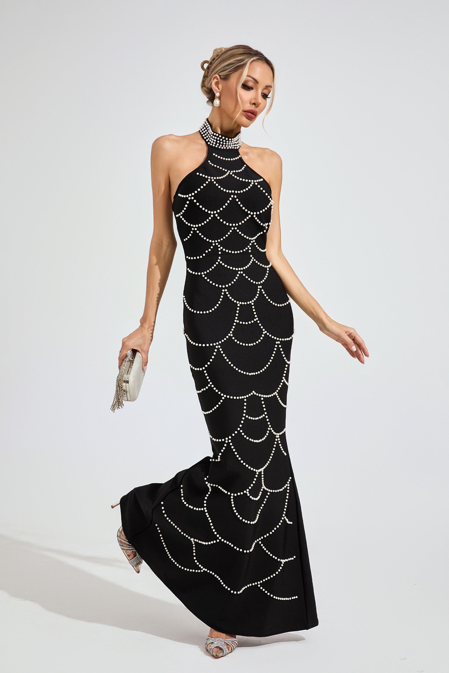 Iris Black Pearl Halter Bandage Maxi Dress