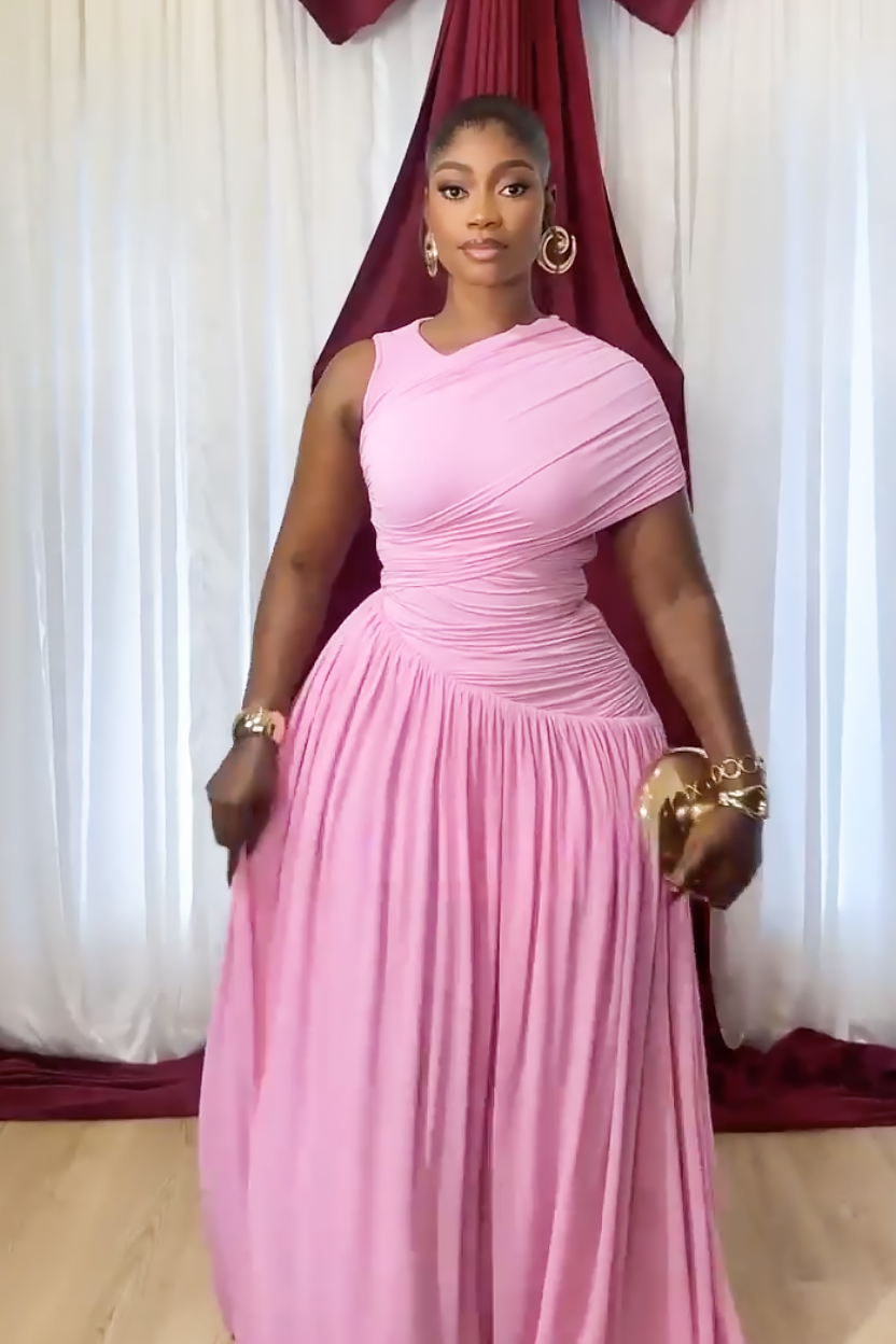 Hot Pink One-Shoulder Ruched Maxi Dress