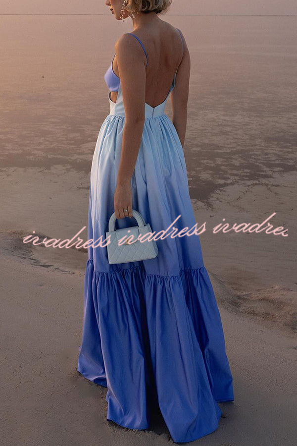 Ocean Breeze Gradient Color Print Cutout Waist Tiered Maxi Dress