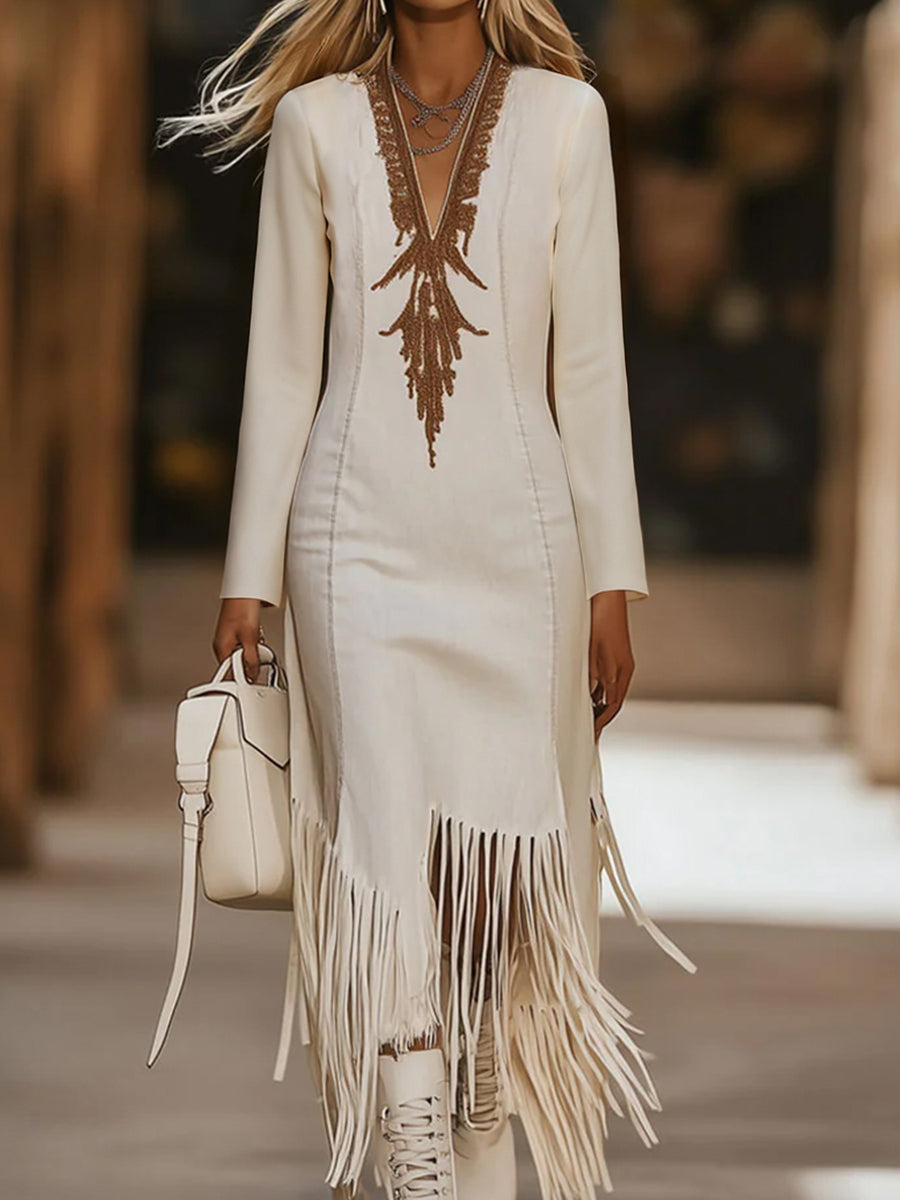 sheenchic Beige Deep V Neck Printed Long Sleeve Asymmetrical Fringe Hem Maxi Dress