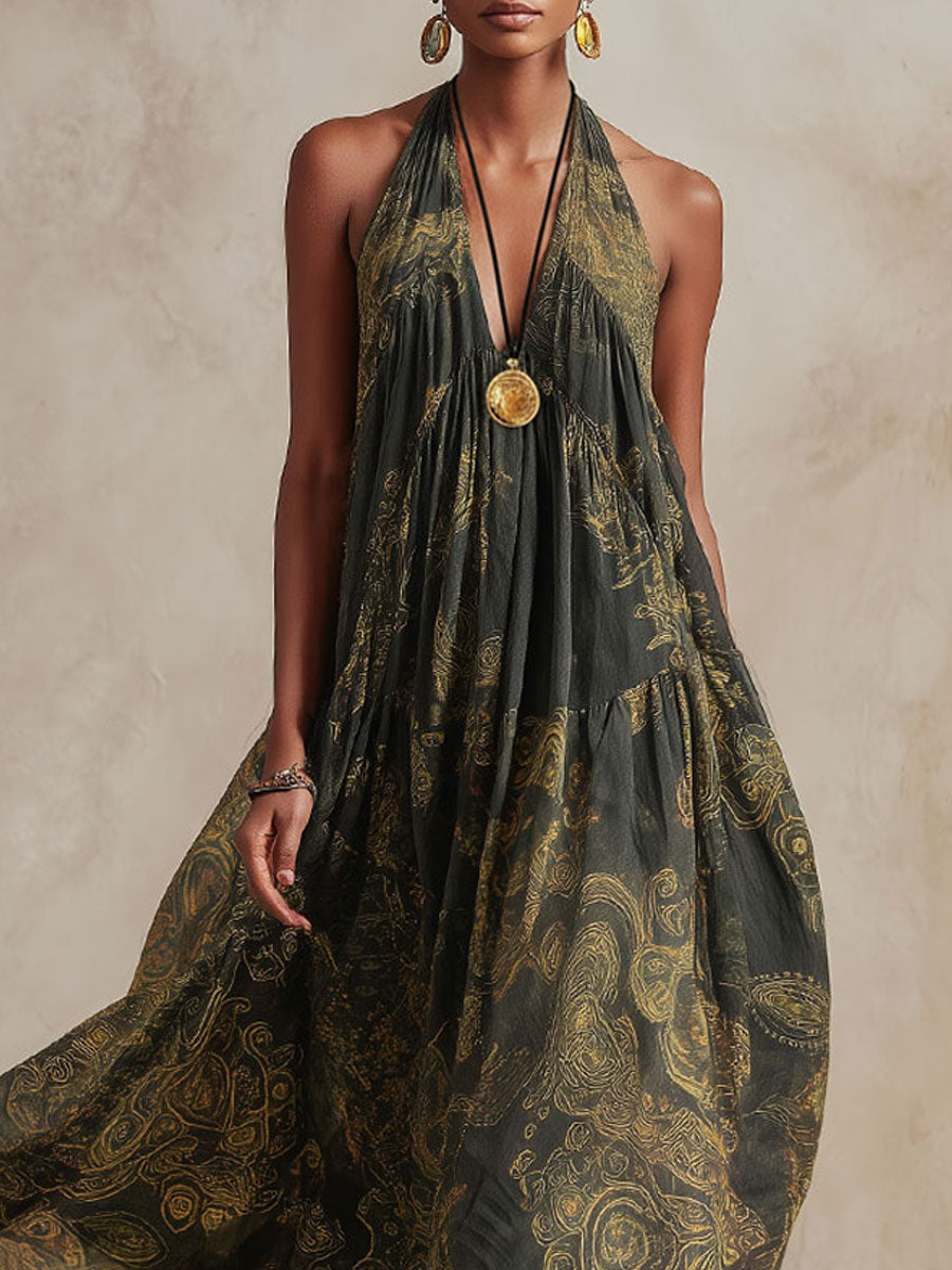 Vintage-style Paisley Dark Green Chiffon Sleeveless Maxi Dress