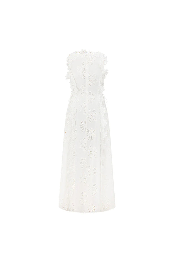 Mairi Embroidery Hollow Fabric Delicate Flower Trim Side Lace-up Maxi Dress