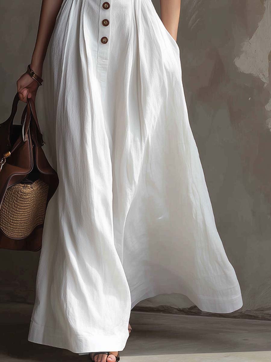 Vintage Pleated Waist Cotton Linen Maxi Dress