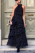 Cabana Date Polka Dot Print Halter Bow Neck Tiered Maxi Dress