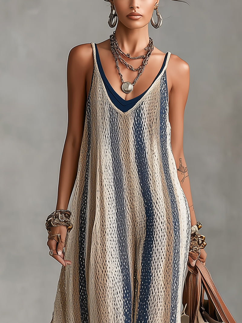 Camel And Navy Striped Knit Maxi Dress With Tank Dress