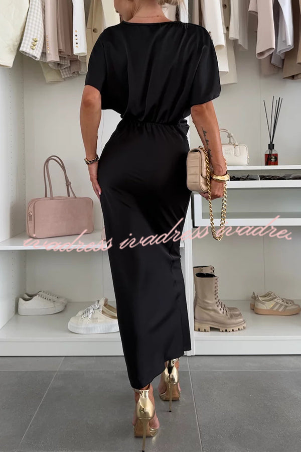 Satin Solid Color V-neck Cross Knot Slim Maxi Dress