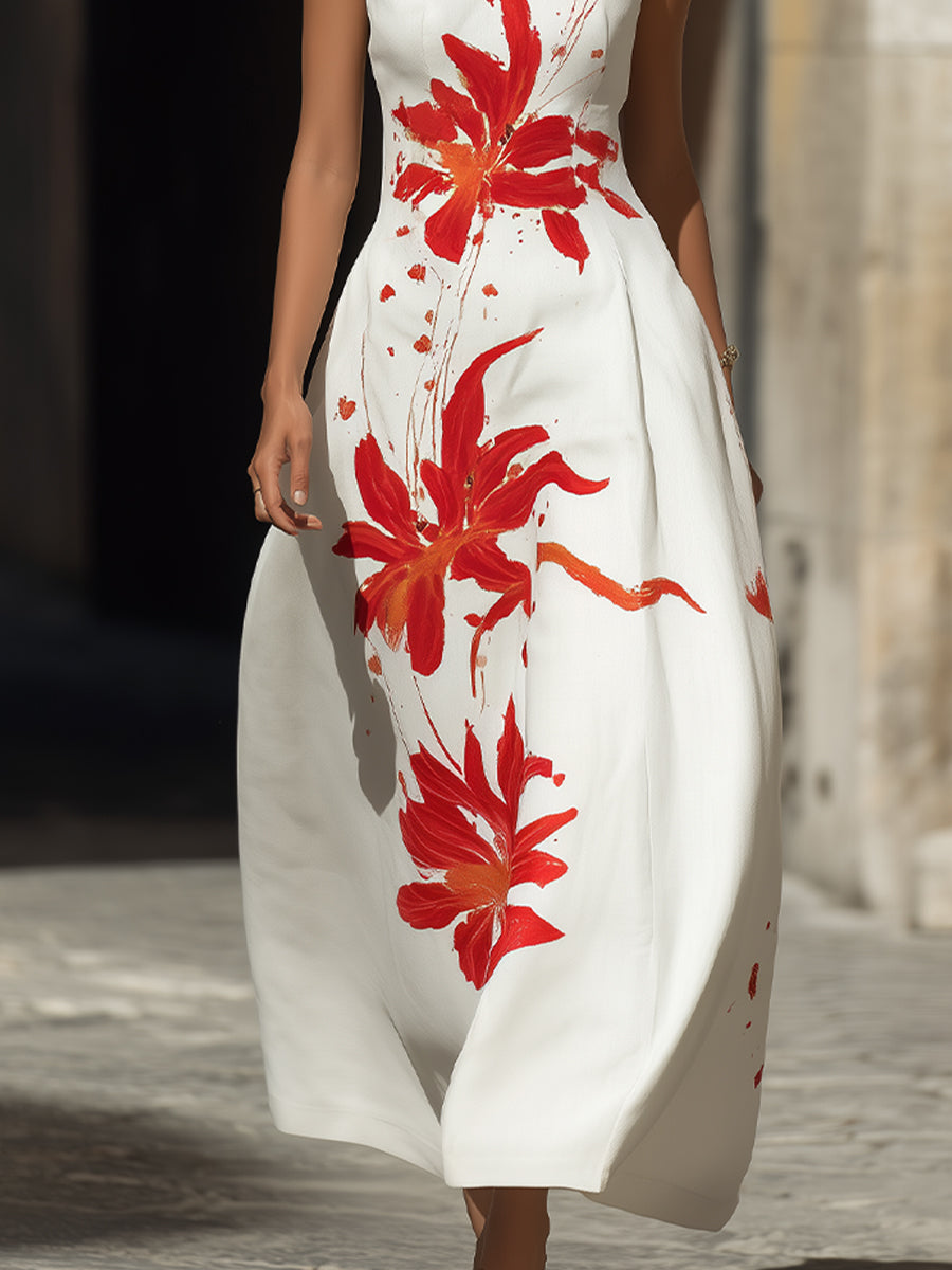 Modern Mandarin Collar Floral Maxi Dress – Artistic Red Lily Print