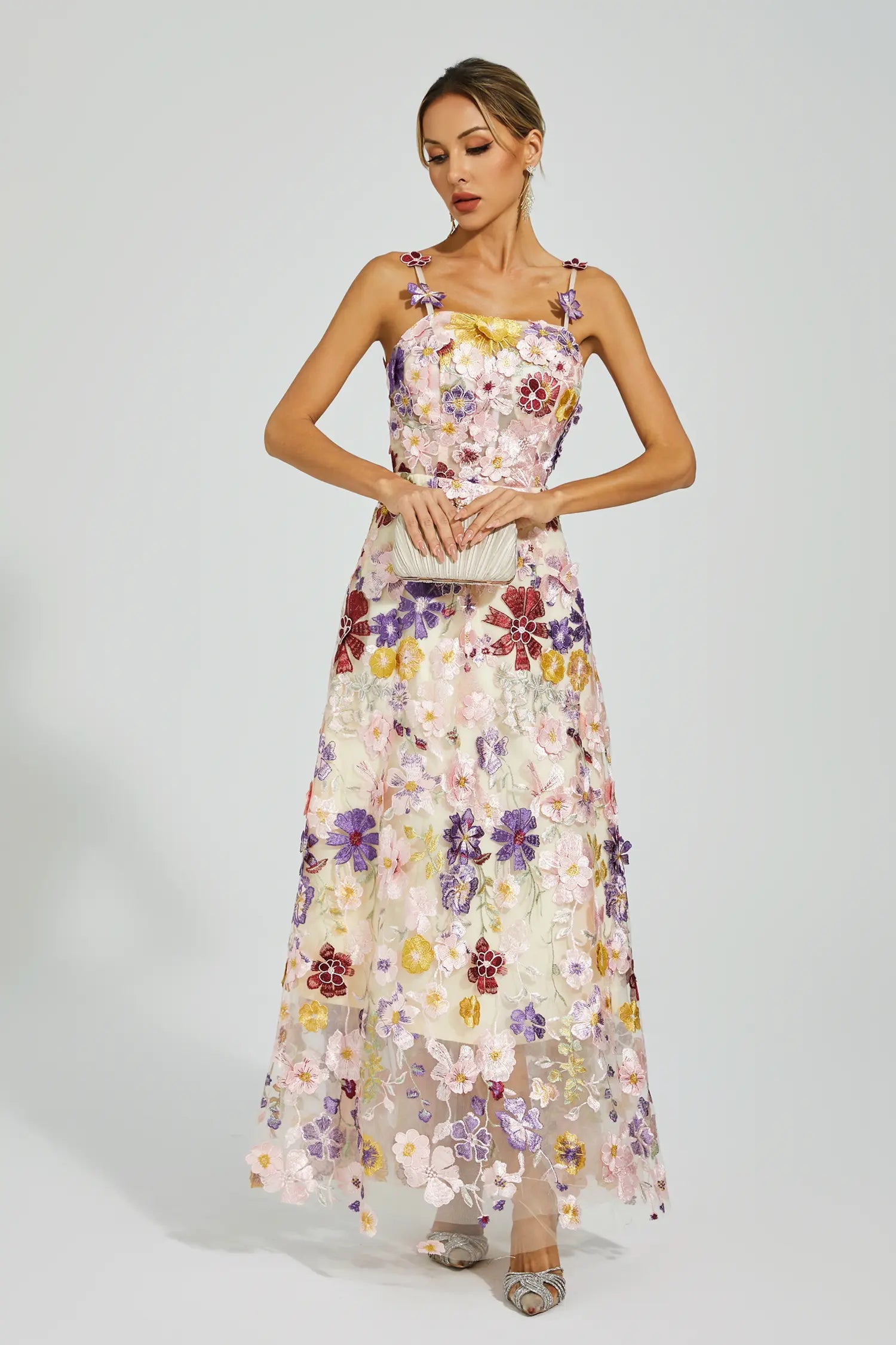 Taytum White Flower Embroidery Maxi Dress