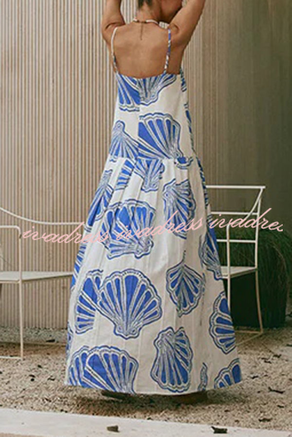 Linen Blend Shell Print Loose Strappy Resort Style Maxi Dress