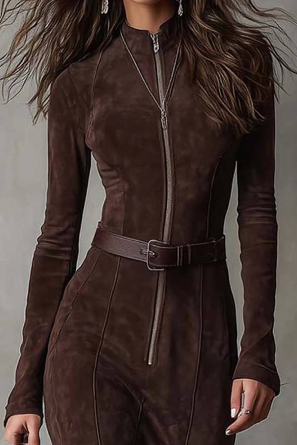Vintage Brown Zipper Belted Maxi Dress
