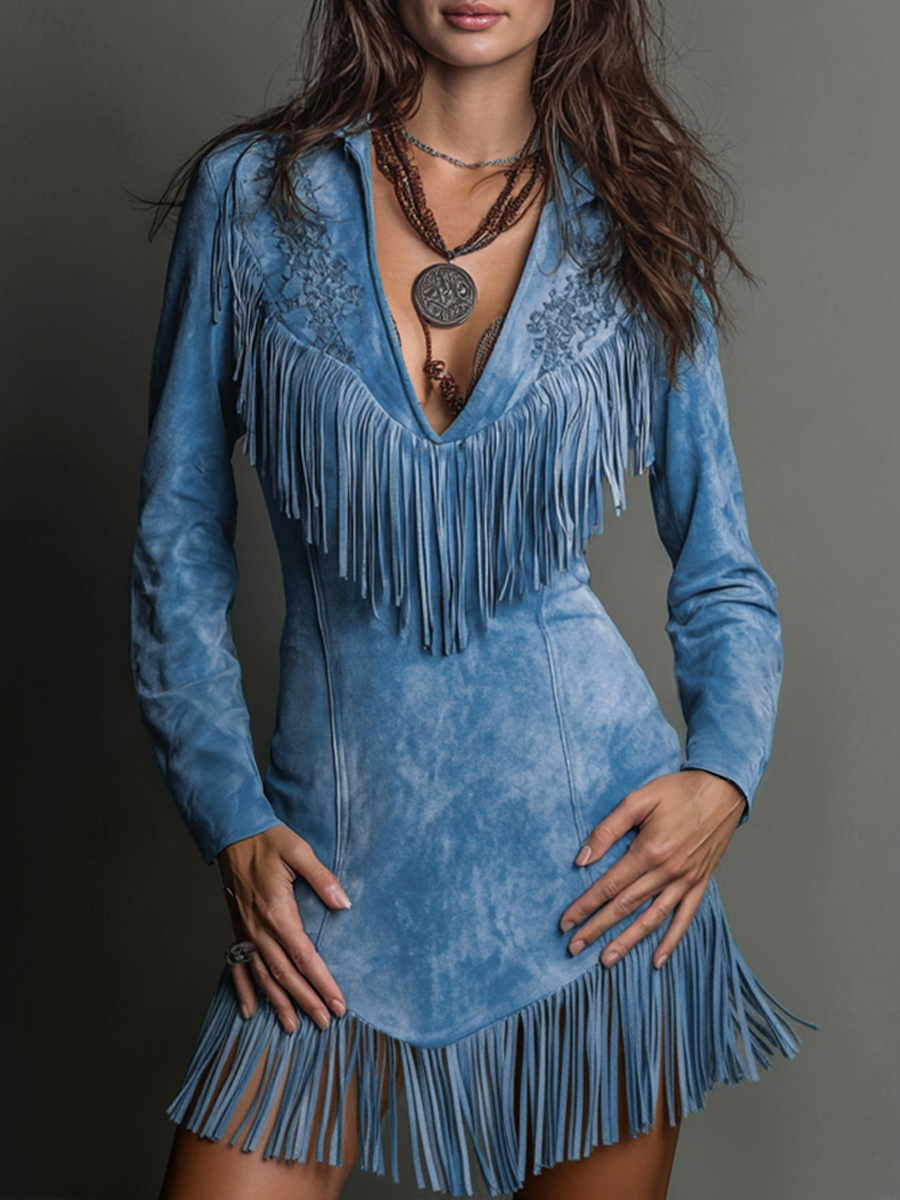 sheenchic Daily Blue V Neck Long Sleeve Strappy Western Embroidery Chamois Mini Dresses