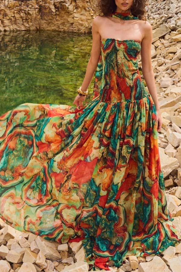 Vacay Vibes Colorful Lava Print Off Shoulder Smocked Scarf Maxi Dress
