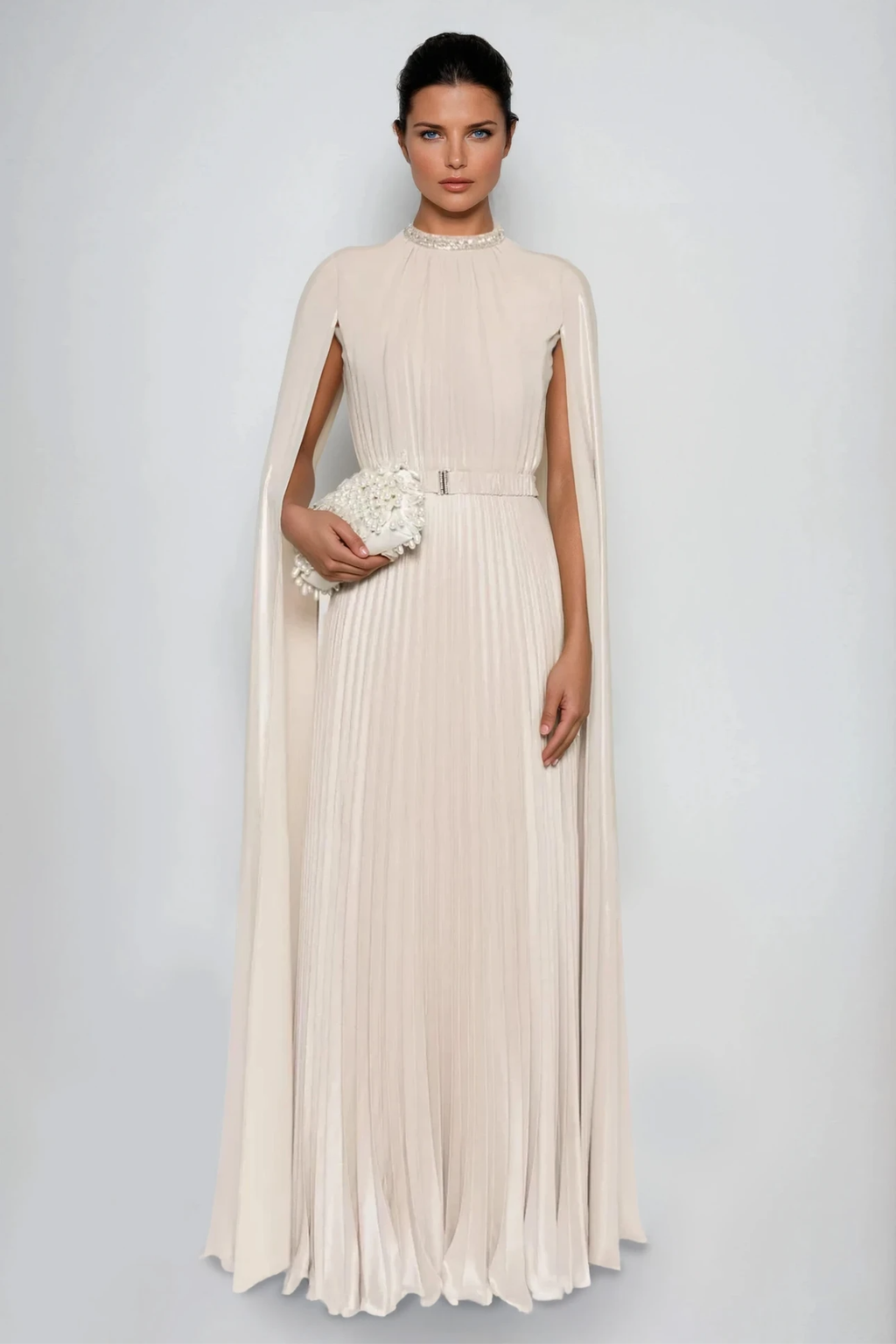 Dorinda Cape Sleeve Pleated Maxi Dress