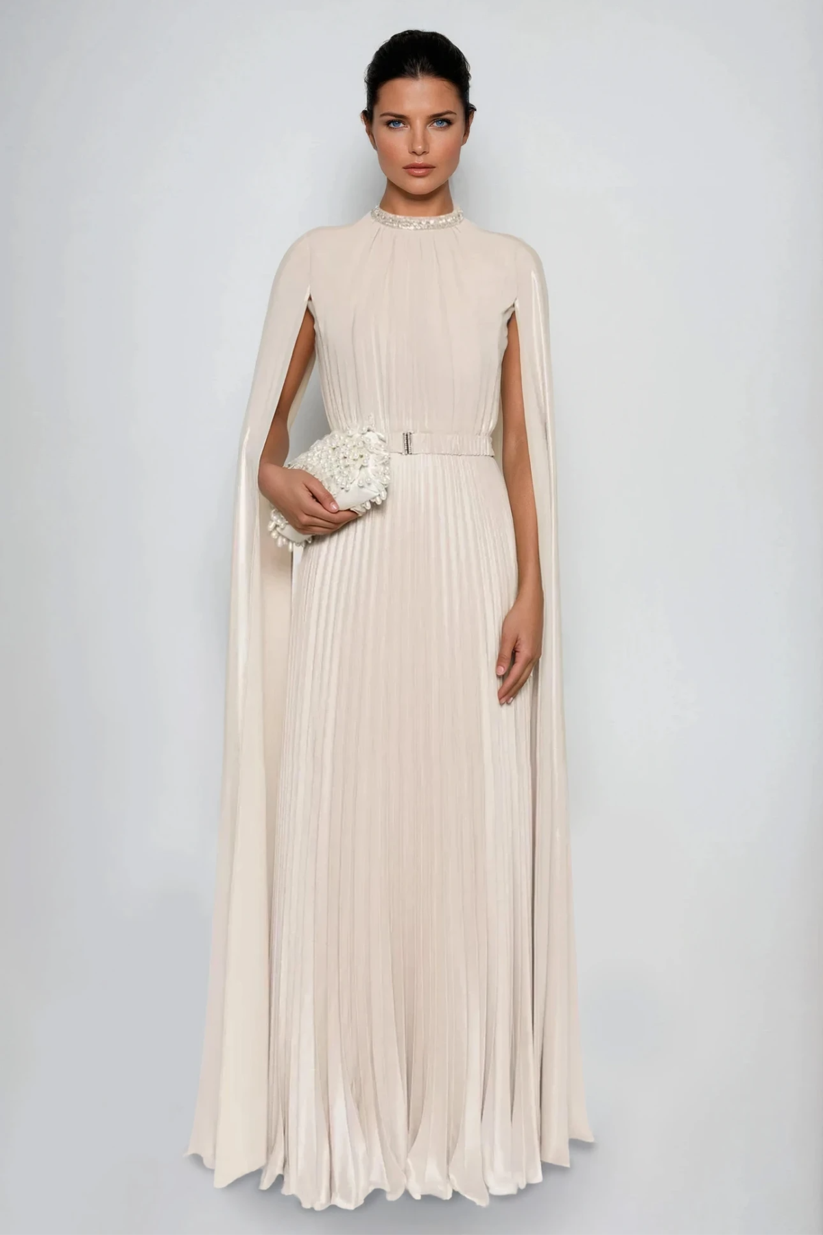 Dorinda Cape Sleeve Pleated Maxi Dress