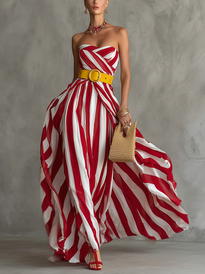 Red And White Striped Pleated Strapless Maxi Dress