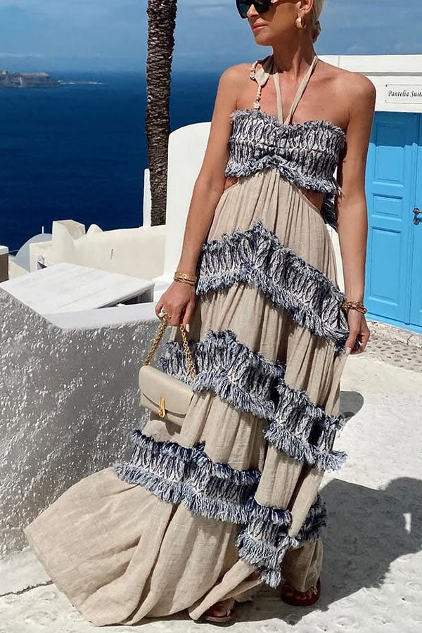 Ultimate Island Linen Blend Fringed Patchwork Cutout Halter Maxi Dress