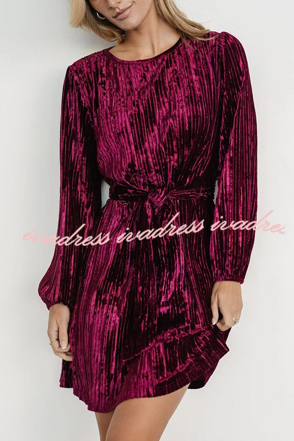 Anastasia Crew Neck Lace Up Velvet Long Sleeve Mini Dress