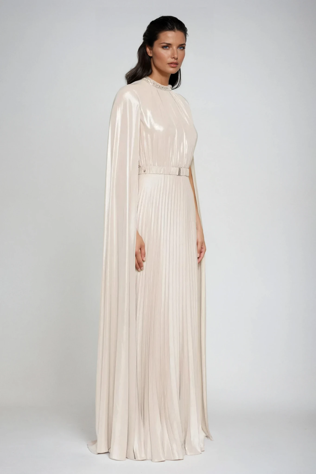 Dorinda Cape Sleeve Pleated Maxi Dress