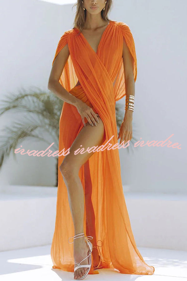 Enjoy Your Vacation Linen Blend Ruched Shoulder Drape Loose Cover Up Maxi Dress