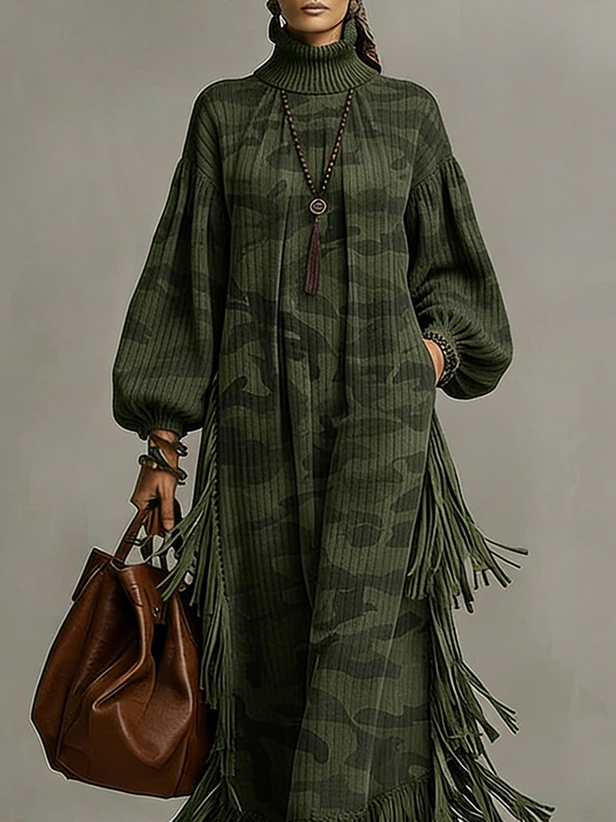 sheenchic Daily Army Green Camo High Collar Lantern Sleeve Long Sleeve Strappy Vintage Pocket Maxi Dresses [Pre-Order]