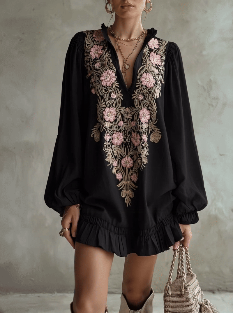 Black Cotton-Linen Embroidered Floral Ruffle Mini Dress