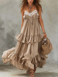 Vintage Lace-neck Ruffled Cotton And Linen Maxi Dress