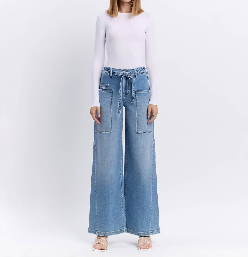 Flying Monkey - Carmen High Rise Elastic Tie Waistband Baggy Wide Jeans