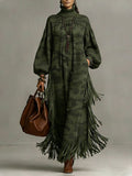sheenchic Daily Army Green Camo High Collar Lantern Sleeve Long Sleeve Strappy Vintage Pocket Maxi Dresses [Pre-Order]