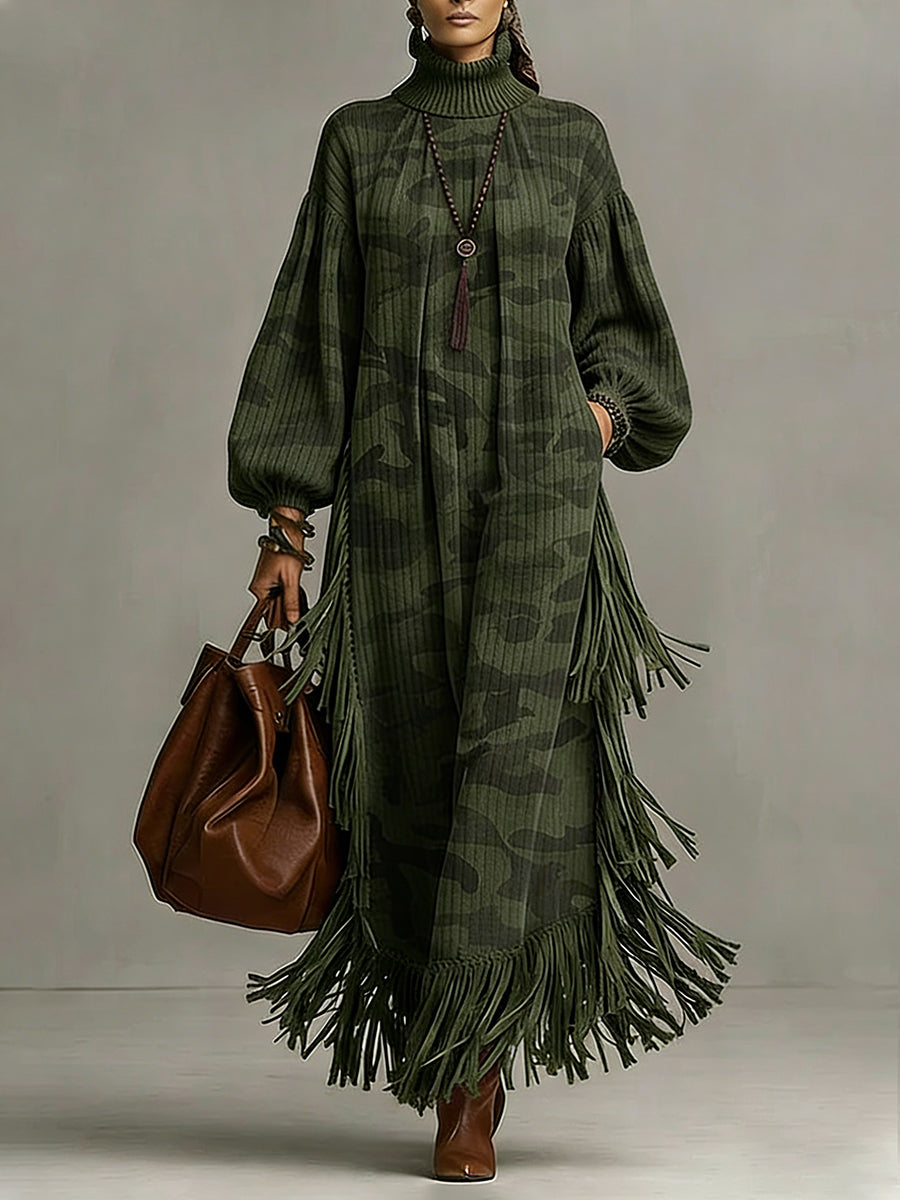 sheenchic Daily Army Green Camo High Collar Lantern Sleeve Long Sleeve Strappy Vintage Pocket Maxi Dresses [Pre-Order]
