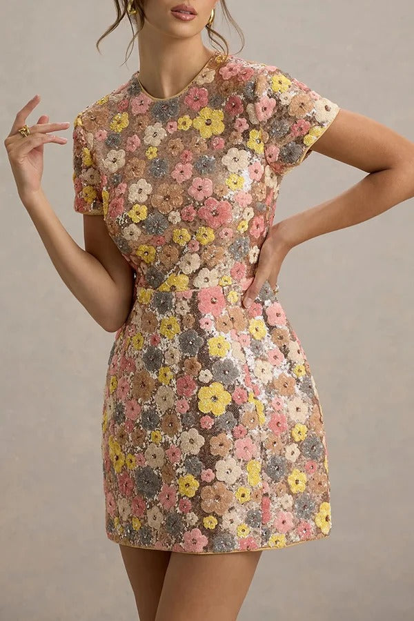 80's Inspired Floral Print Sequin Short Sleeve Stretch Mini Dress