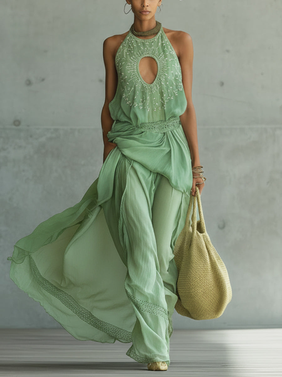 Mint Green Sleeveless Hollow Out Embroidered Chiffon Maxi Dress