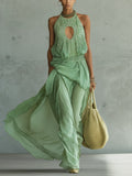 Mint Green Sleeveless Hollow Out Embroidered Chiffon Maxi Dress