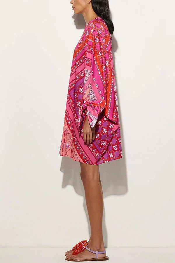 Micah Satin Unique Print Slit Tie-up Sleeve Shift Kaftan Mini Dress