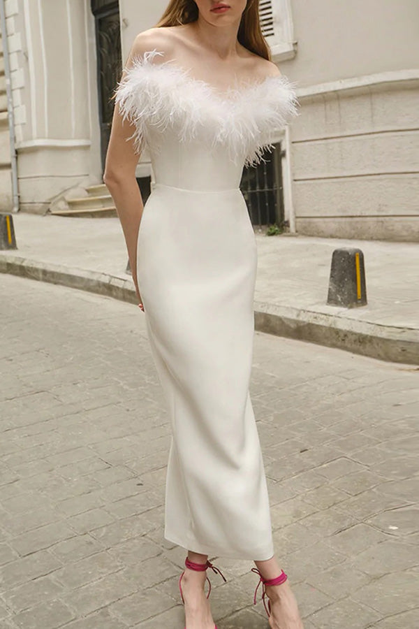 Sivir Feather Off Shoulder High Waisted Slit Maxi Dress