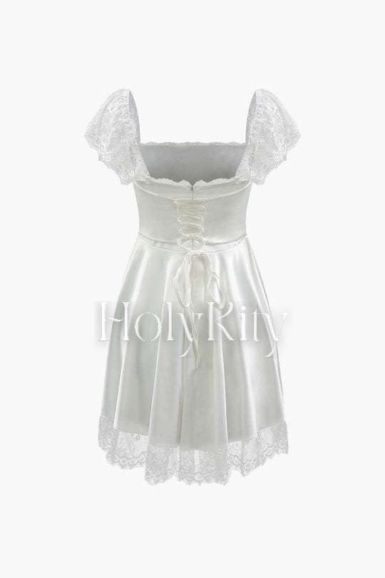 Lace Hem Satin Tie Back Mini Dress