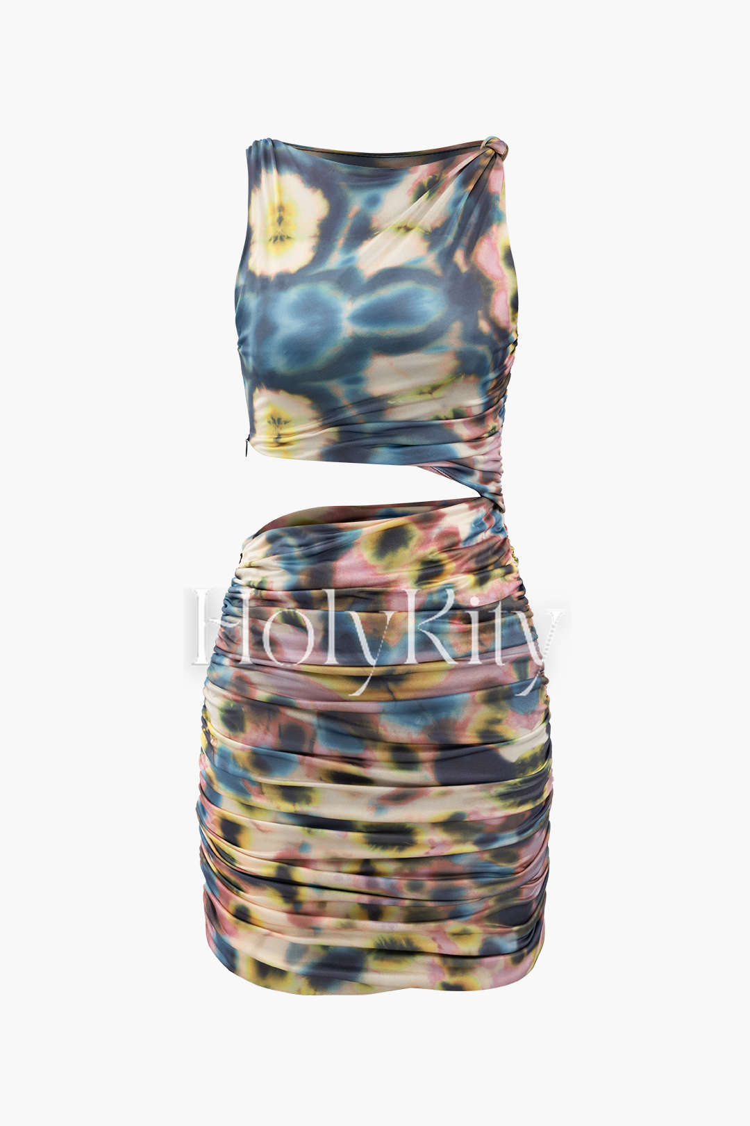 Tie Dye Cut Out Ruched Sleeveless Mini Dress